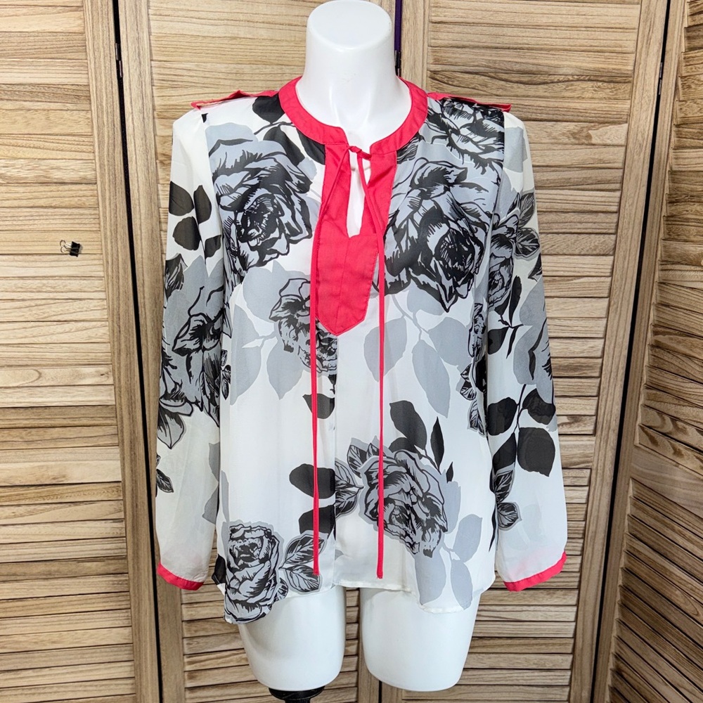 Sapphire Blouse Floral Black White Accents Long Sleeves Plus Size 1X